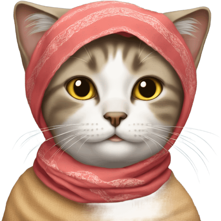 Cat wearing a headscarf tied under the chin like babushkas emoji