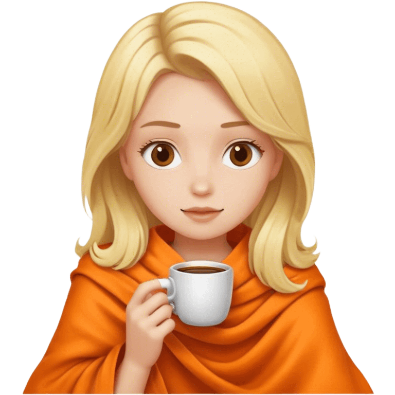 Blonde girl drinking coffe inside a orange blanket  emoji