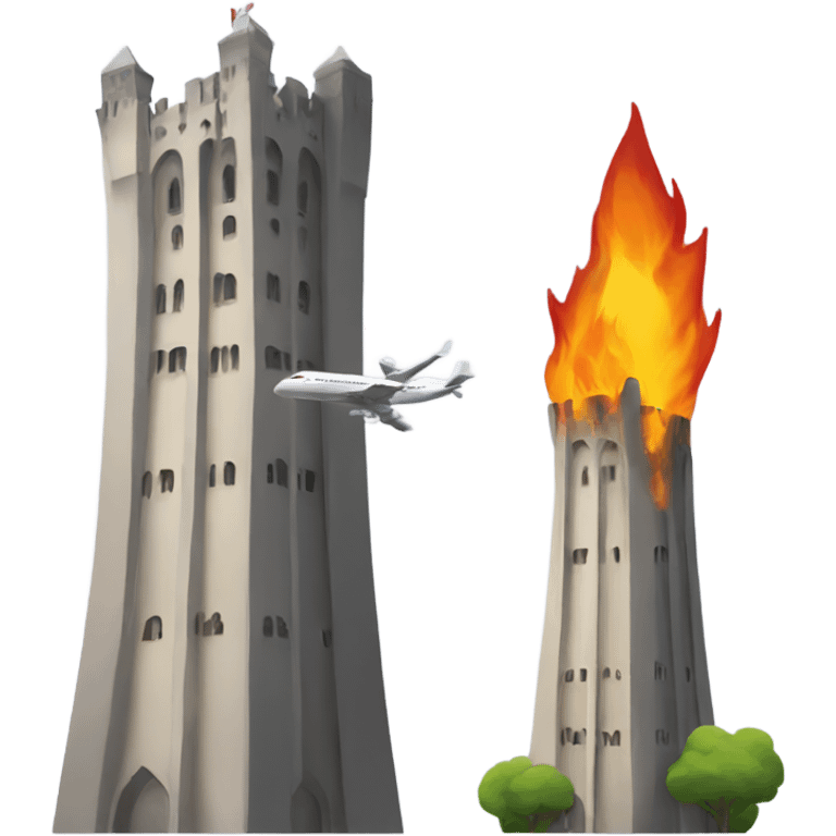 Two towers with plane and fire emoji