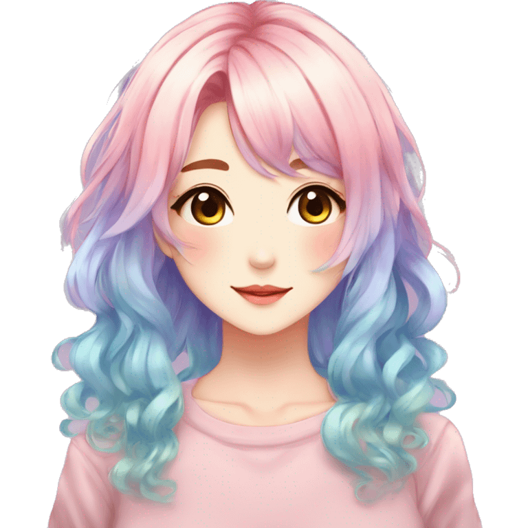 Gorgeous anime style shojo character with blushing face aesthetic and pretty colorful shiny gradient pastel hair with hair garment trending style emoji