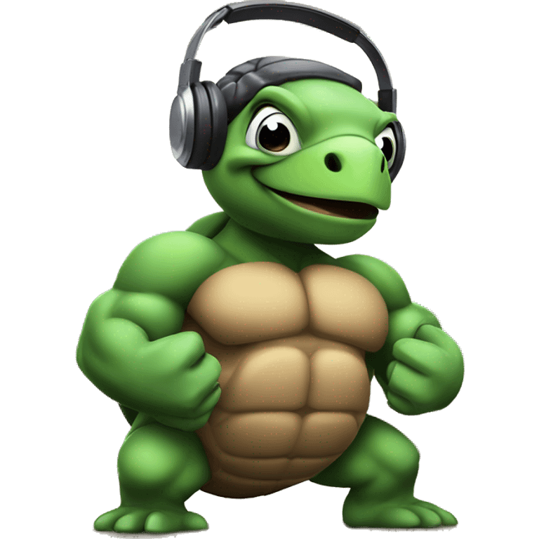 bodybuilder turtle with huge muscles flexing and listening to music emoji