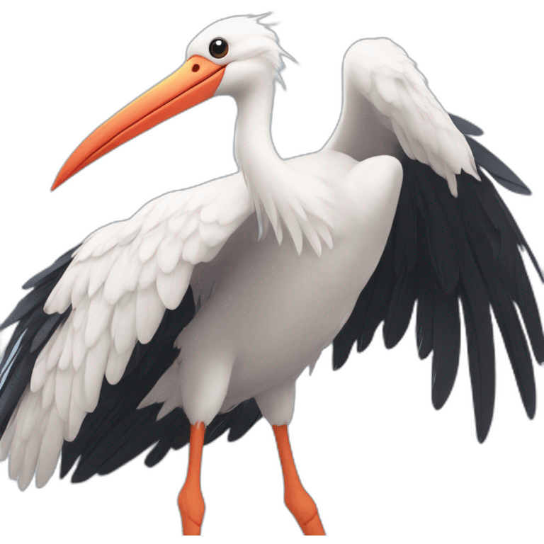  white stork with long legs, a long beak, and black wingtips, flying in the sky and carrying a blue bundle of cloth in its beak that has a cute baby face peeking out from it emoji