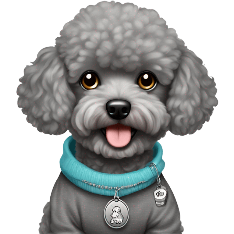 Gray toy poodle with a sweatshirt with the name Louie on his dog tag emoji