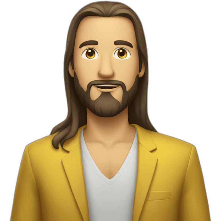 A man with long hair, a beard and a black shirt behind a yellow suit emoji