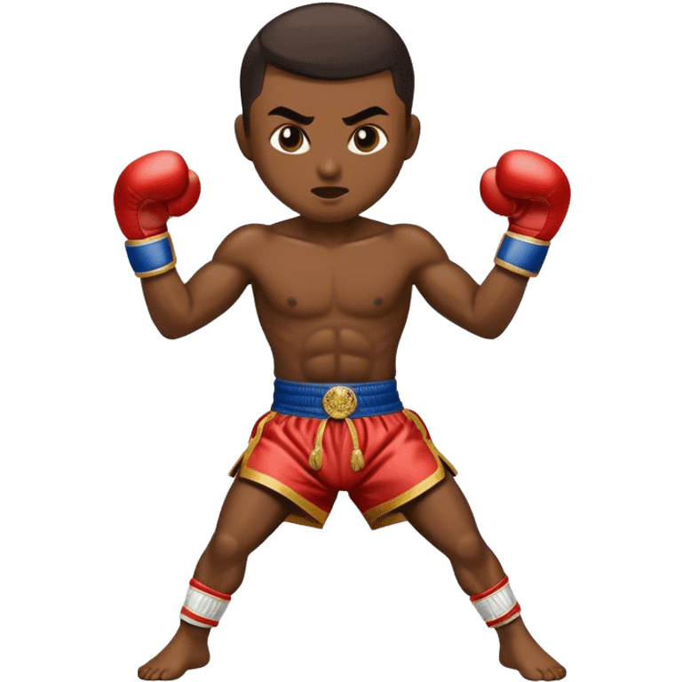 Cinematic Realistic Traditional Muay Thai Emoji, depicted as an intense dynamic martial arts scene featuring a fighter in traditional Muay Thai stance and attire, rendered with rich textures and energetic dramatic lighting that captures the sport's raw power. emoji