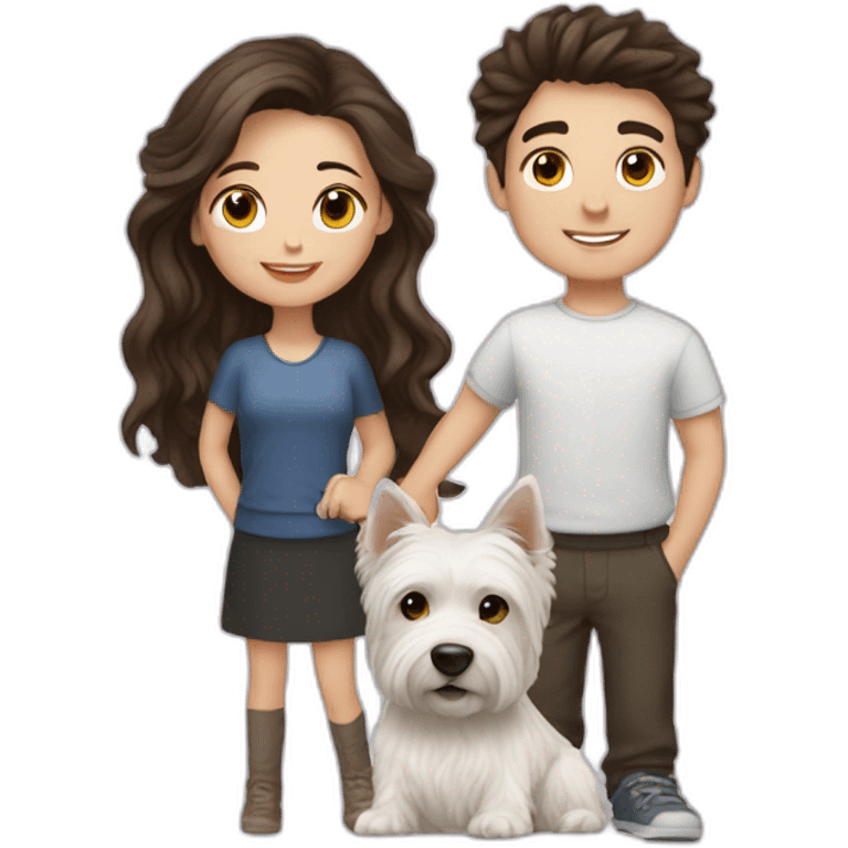 Brunette girl and brunette boy with westie emoji