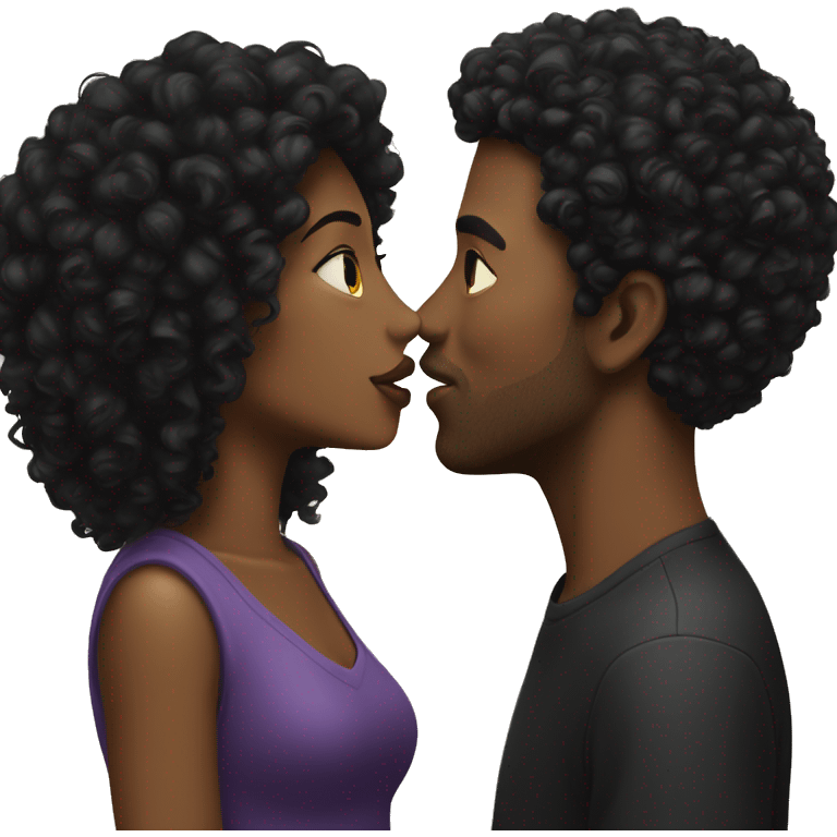 Black woman with black curly hair kissing WHITE man with black hair  emoji