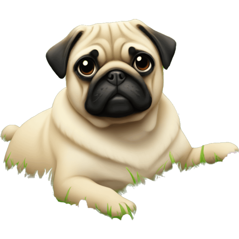 À pug lied in the grass in the middle of Flowers emoji