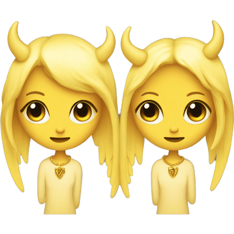 Yellow gemini twins one with angel wings other with devil horns  emoji