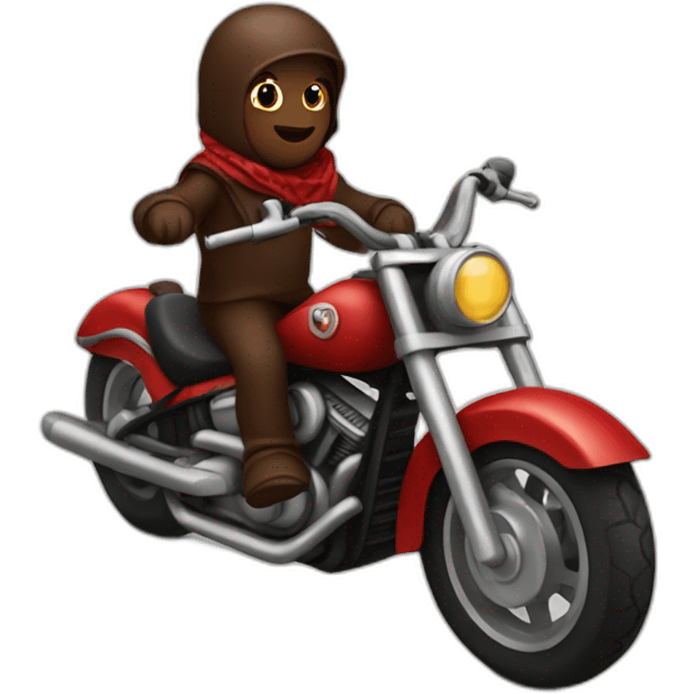 a chocolate brown doodle riding a motocycle with a red and black handkerchief emoji