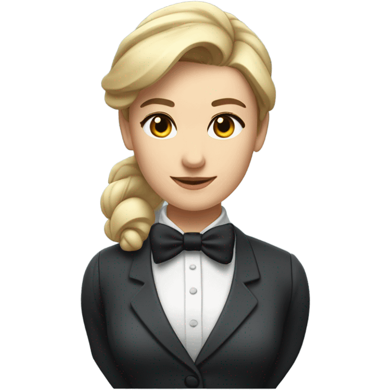 a caucasian female butler with a professional and elegant demeanor. She has her hair neatly tied in a ponytail and wears a classic butler uniform, including a tailored vest, crisp white shirt, and bow tie. emoji