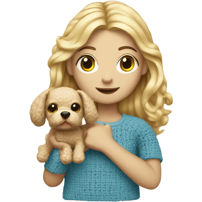 Blond hair girl with a little crochet dog in her arms  emoji