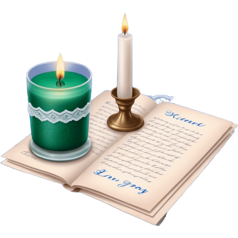 A nostalgic love letter with deep green handwriting, resting on lace fabric next to a glass candle in a royal blue hue. emoji