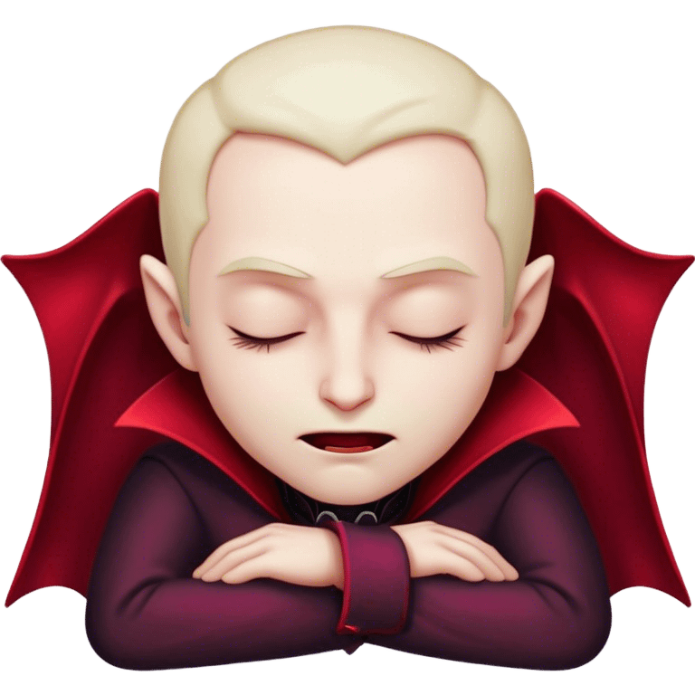 Meme-Worthy Cute Sleeping Vampire Portrait Emoji, with a refined, small, pale face softened by closed, serene eyes and a slight, peaceful smile, adorned in miniature elegant dark attire with a hint of fading crimson, simplified yet irresistibly adorable, highly detailed with a soft ethereal outline that captures the drowsy charm of a vampire in quiet nighttime slumber! emoji