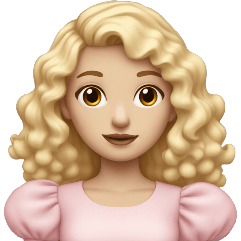 pale girl with bangs and long blonde curly hair and a pastel pink puff sleeve dress emoji