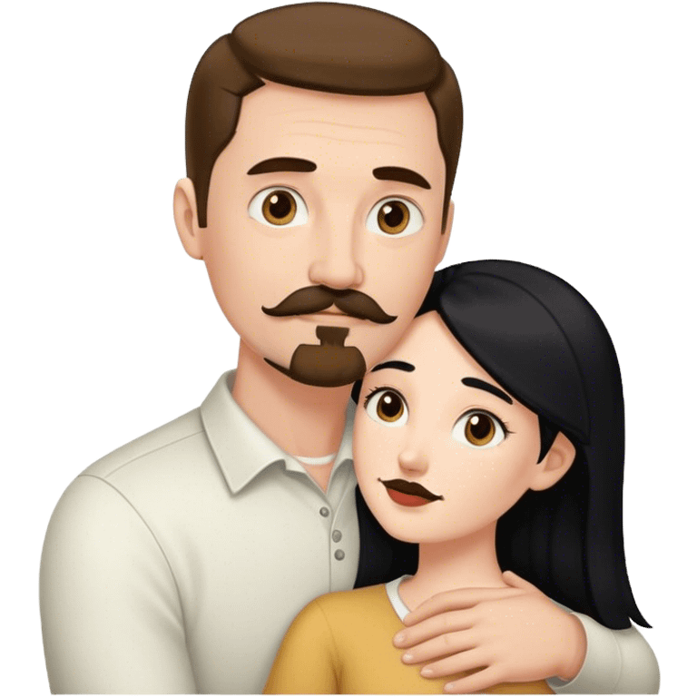 Tall white man with brown mustache and goatee hugging a short pale woman with long black hair emoji