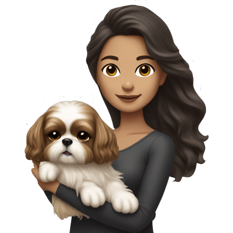 Young dark brunette medium kin hair woman with a golden shih tzu in her arms long wavy hair emoji