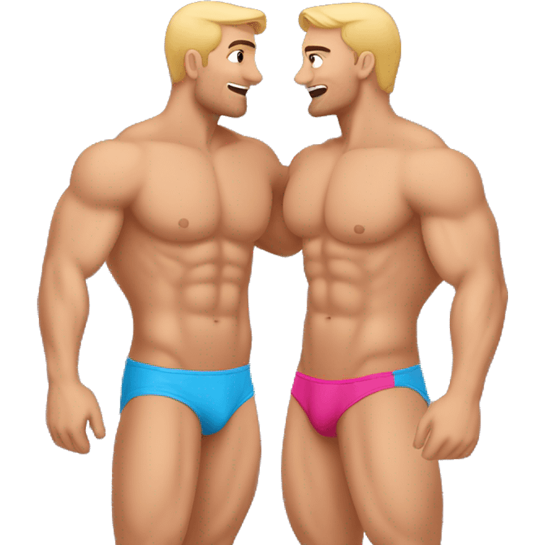 Caucasian Muscular gay men kissing wearing bikini emoji