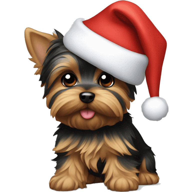 Yorkie puppy wearing a Santa hat emoji