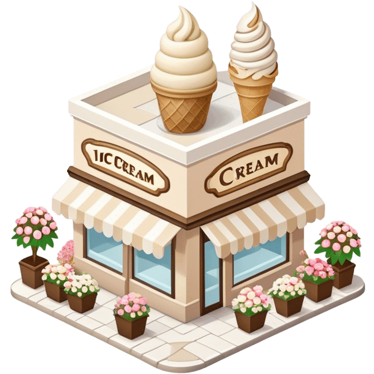 isometric exterior view of a beige and white ice cream shop adorned with abundant florals emoji