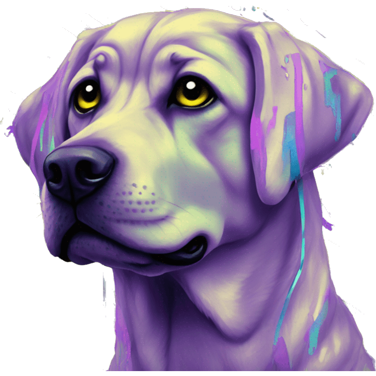 .Zombie_ Vaporwave black holographic oilslick zombie yellow Labrador zombie dog yellow caution tape graffiti stripes iridescent blue purple mane yellow stripes emoji