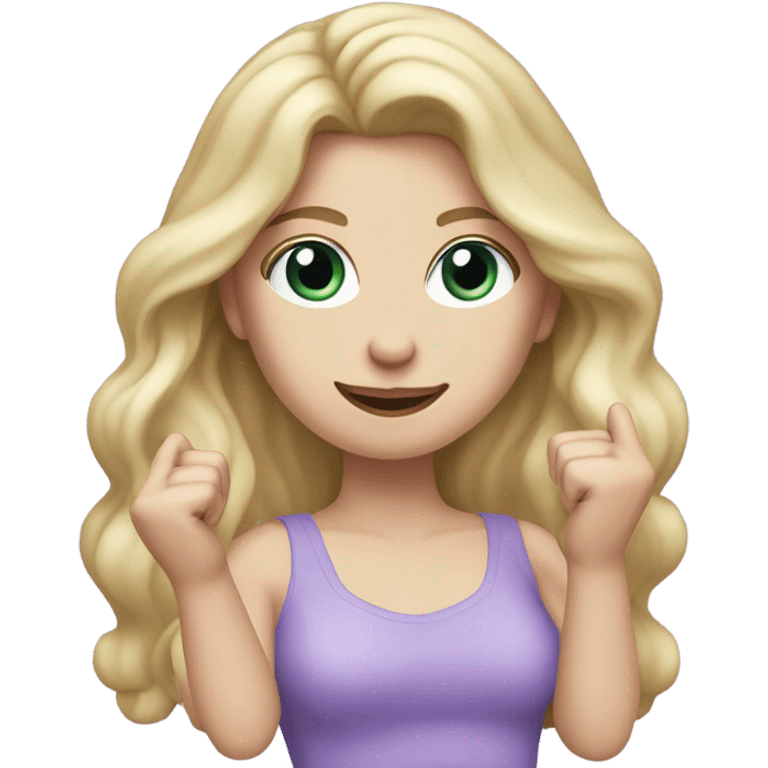 Woman, white skin, pale skin, long hair, blonde hair, wavy hair, lavender top, finger guns emoji