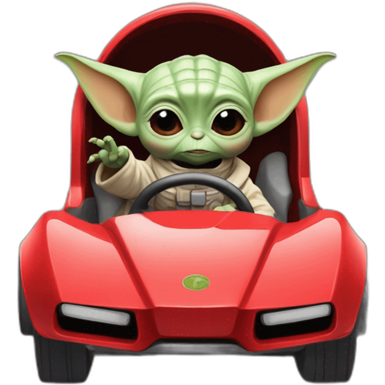 baby yoda driving a red ferrary in an astronaut suit in jurasic park emoji