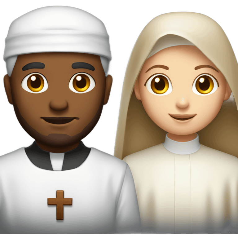 a young caucasian priest with a reddish beard and an african american nun side by side emoji