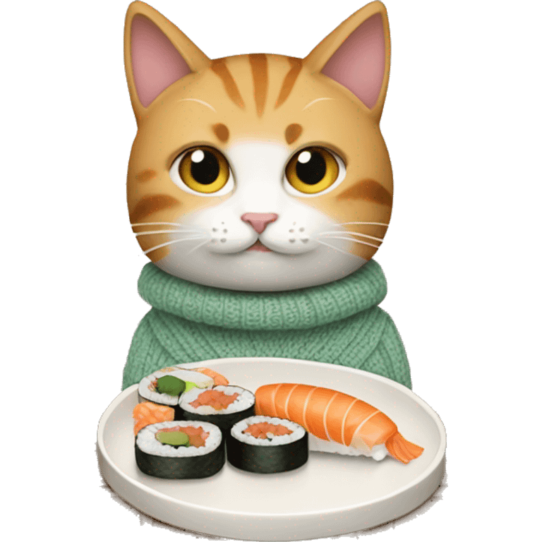 A cat wearing a sweater eating sushi  emoji