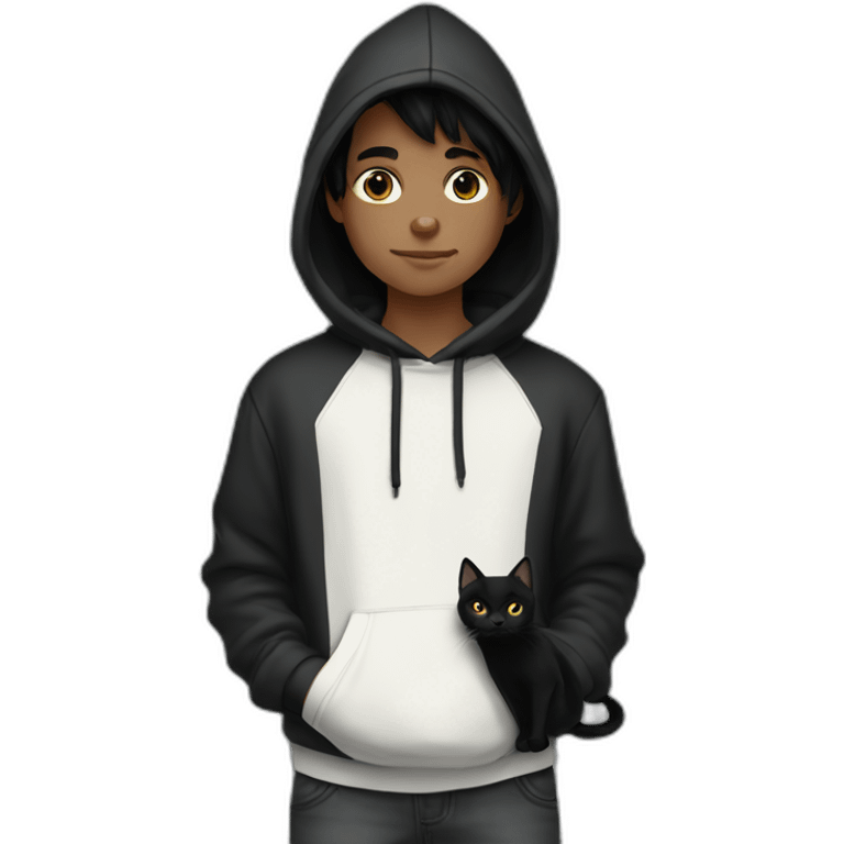 black haired and white skin boy who wears hoodie holds a black cat emoji