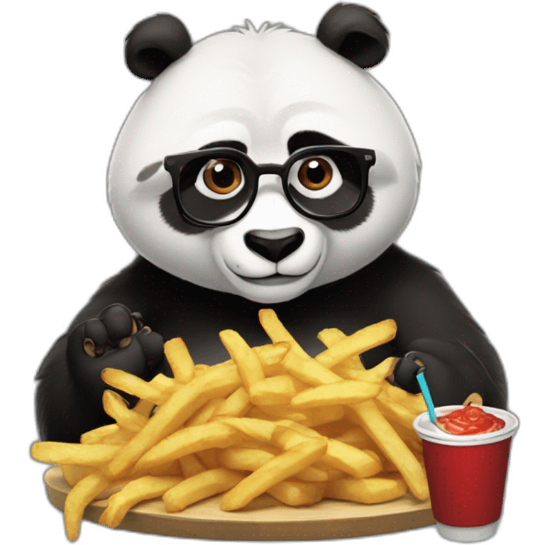 Kung Fu Panda with glasses working seriously on macbook and having fries and coke emoji