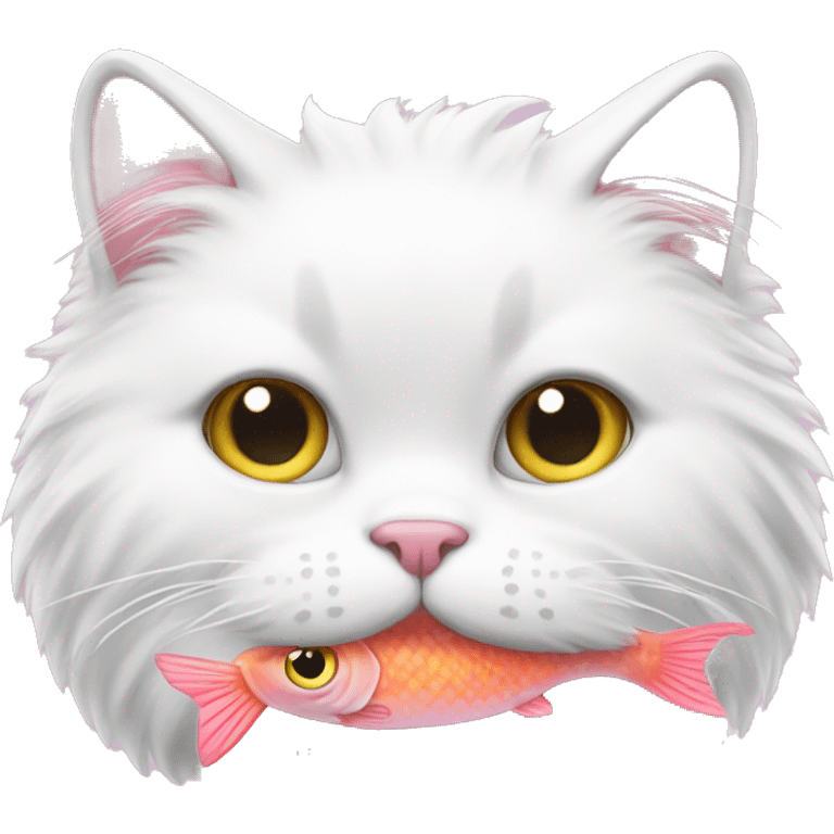 White fluffy cat eating pink fish emoji