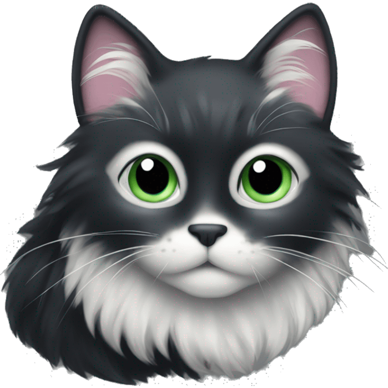 fluffy black cat with white spot on month emoji