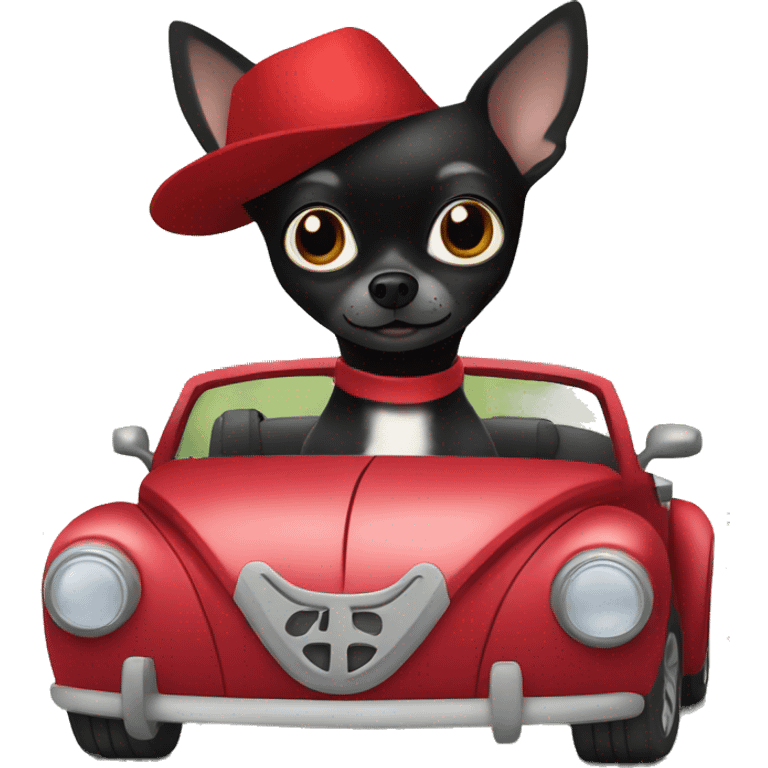 black chihuahua in a red beetle convertible emoji