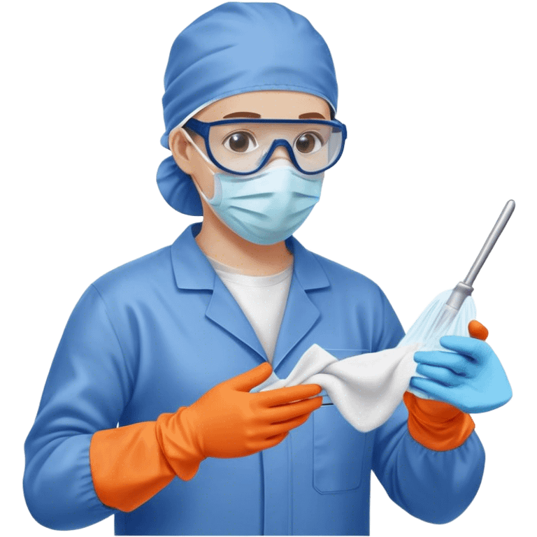 A meticulous cleanroom worker dressed in full protective gear, including a blue sterile suit, a face mask,  and orange gloves.  cleaning glasses with a wipe in one Hand emoji