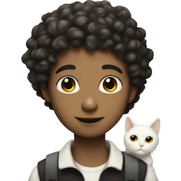 curly headed boy with white cat with large black spots emoji