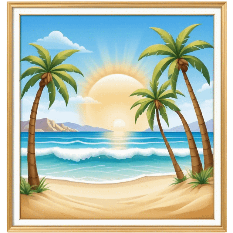 Cinematic Realistic Beach Emoji in a wooden frame, Sunny and bright, with soft golden sand stretching as far as the eye can see, gently lapping waves crashing onto the shore, and a clear, blue sky above. Palm trees sway in the warm breeze, crystal clear water of the waves on the landscape. Soft glowing outline, capturing the essence of a relaxed, joyful beach day filled with sun, sand, and surf! emoji