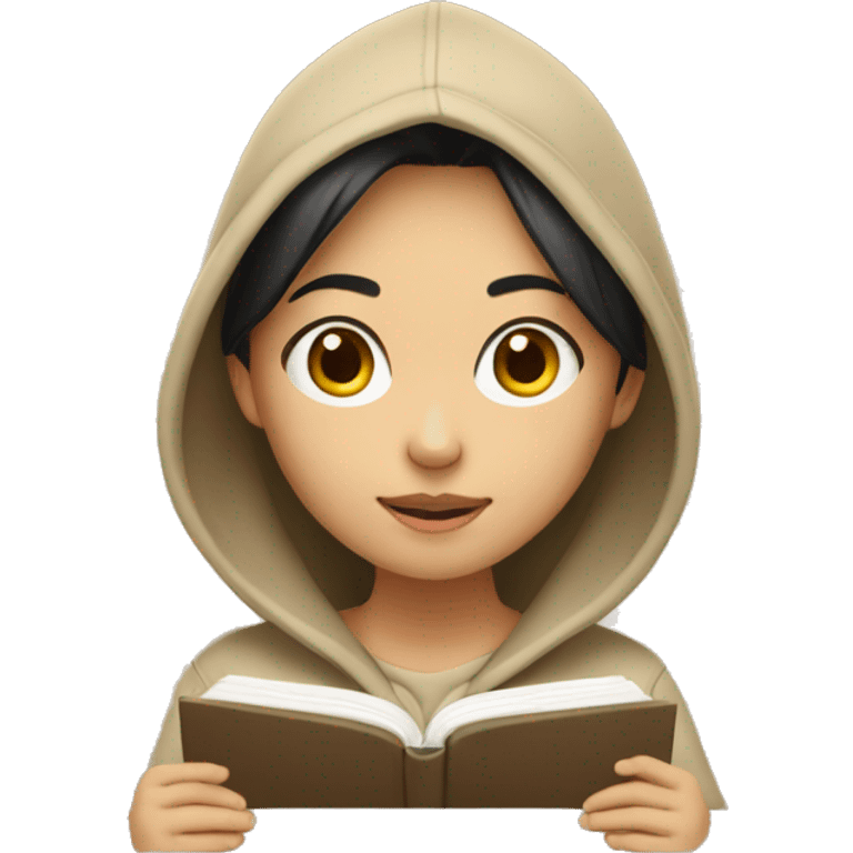  a  asian girl wearing beige hoodie, studying emoji