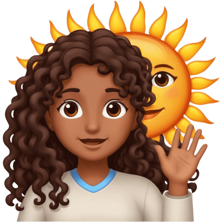 Brown girl with dark brown long curly hair saying good morning with the sun emoji