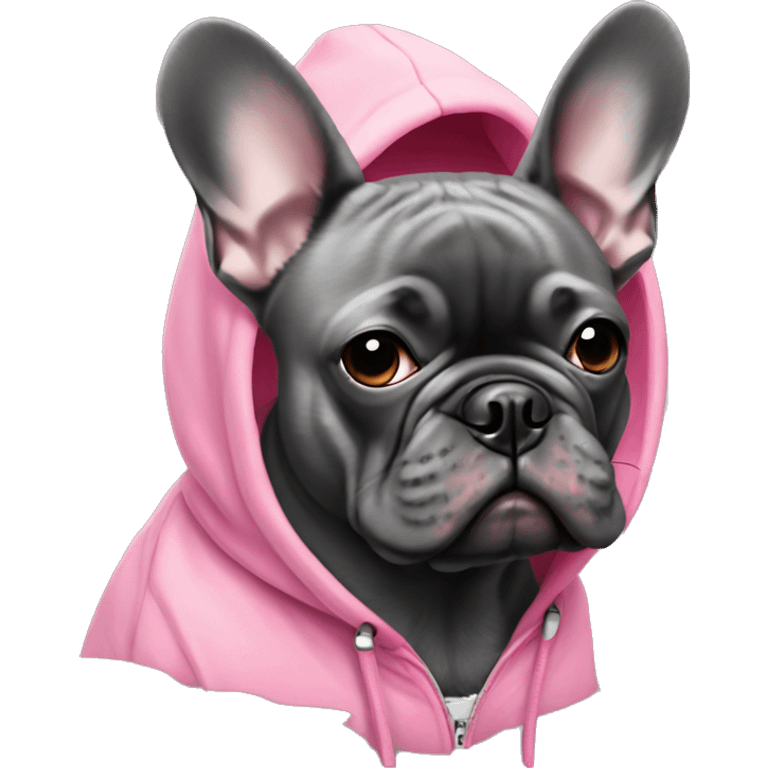 Dark Grey French bulldog wearing pink hoodie emoji