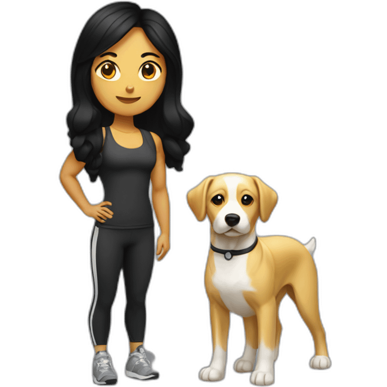 crossfit woman with black hair, white and doing lowering. And a golden dog at her side emoji