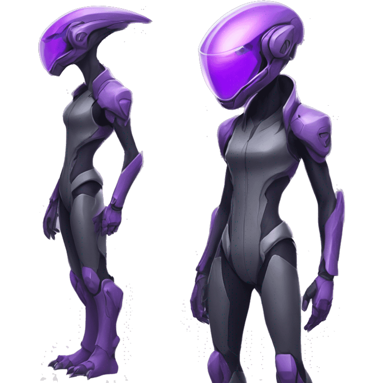 A purple Reptile-Raptor-Alien-Genesect-Mewtwo-Fakémon, with a futuristic visor-helmet, wearing a techwear-suit, Full Body emoji