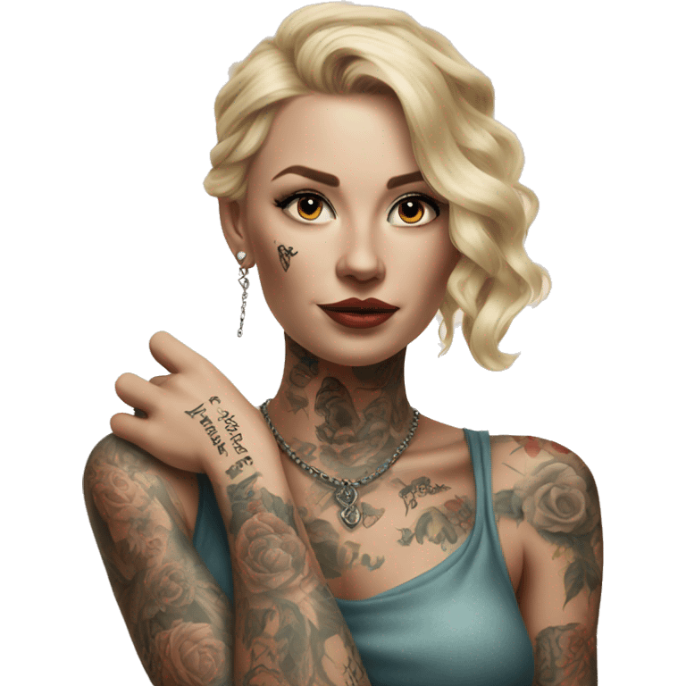 Blonde elegant women, her Body Covered with Tattoos, POINTING YOU with her ONE HAND , Hyper realistic emoji