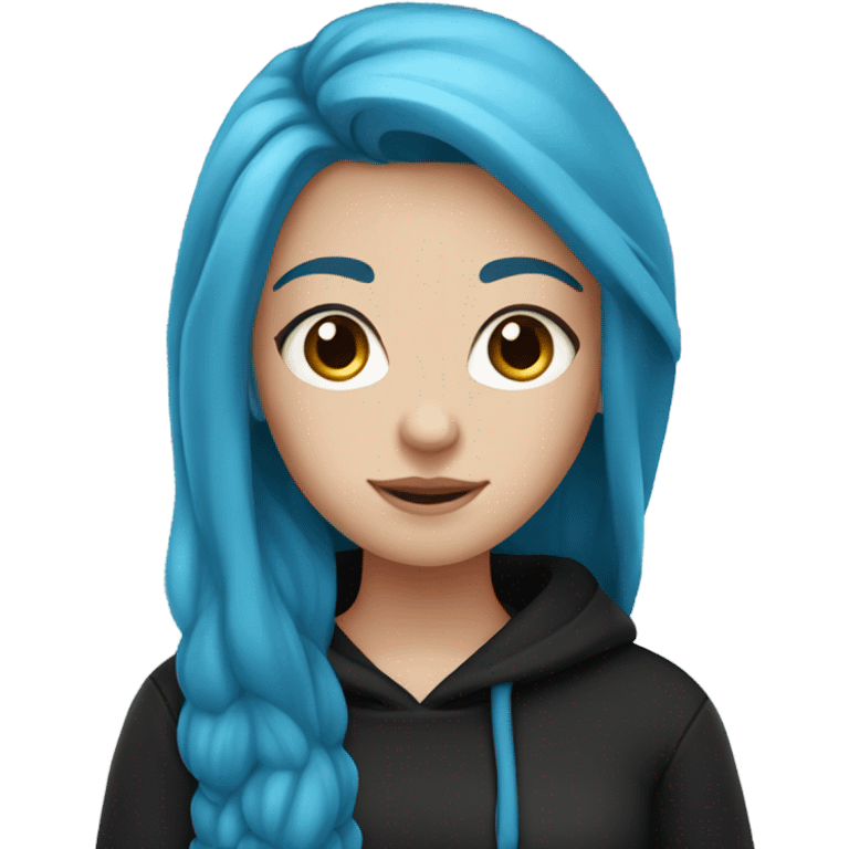 white girl with long blue hair in a black sweatshirt holding a blue heart emoji