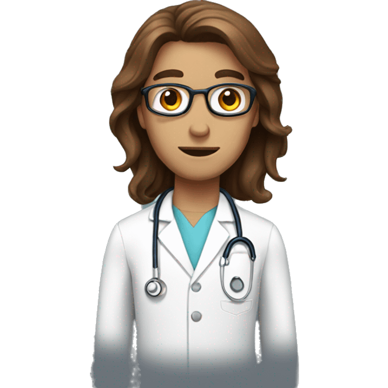 doctor with long brown hair and brown eyes and red face emoji