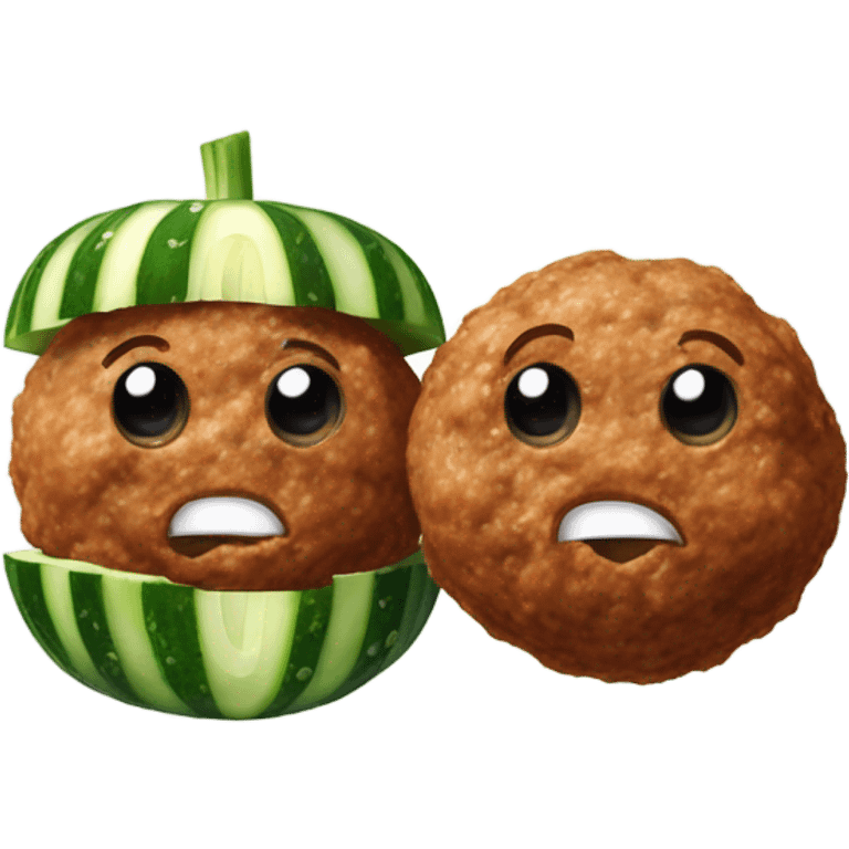 Two meat balls side by side with a cucumber standing on top in the middle of them emoji