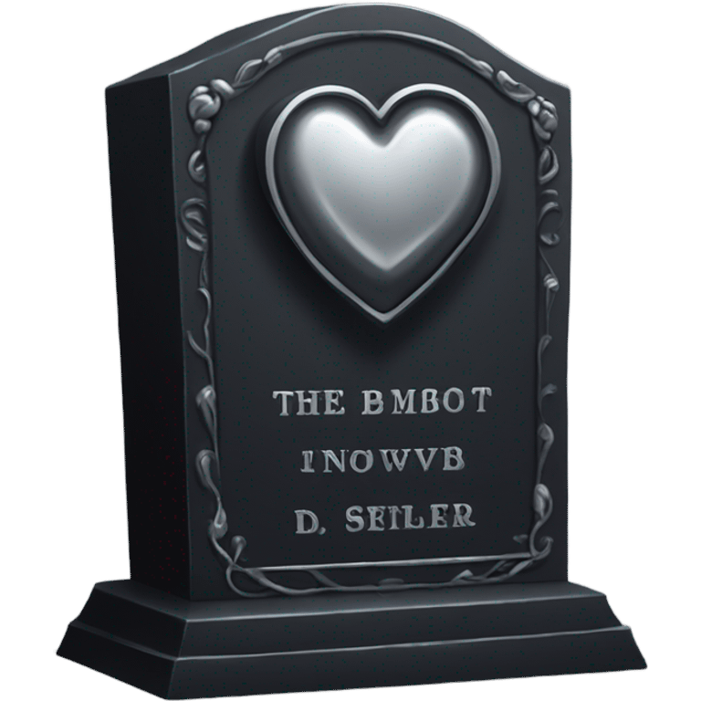 a black tombstone with the inscriptions in silver RIP and a silver heart in the center emoji