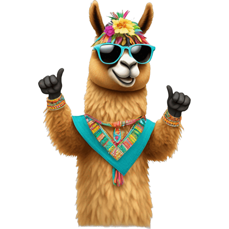 A Peruvian llama wearing sunglasses, making a 'super cool' gesture with its fingers emoji