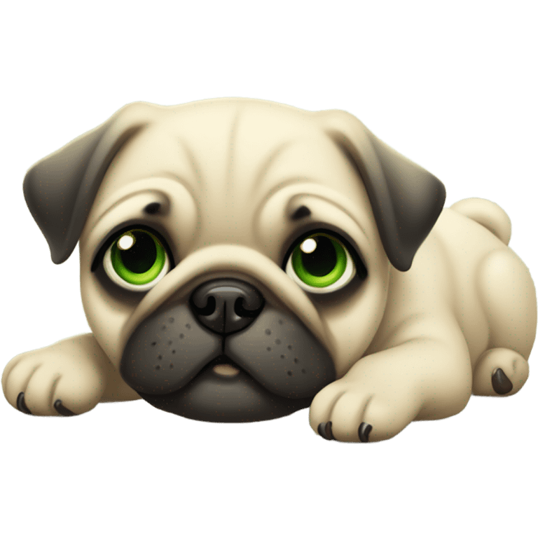 Cute Baby pug with big green eyes happy  lying down  emoji