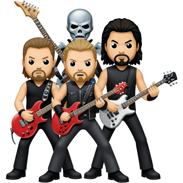 Icon for Metal Music: Metallica four band members detailed in their signature look. James Hetfield with guitar, Lars Ulrich on drums, Kirk Hammett with his electric guitar, and Robert Trujillo playing bass. Bold, energetic style, all in a heavy metal aesthetic. Transparent background. emoji